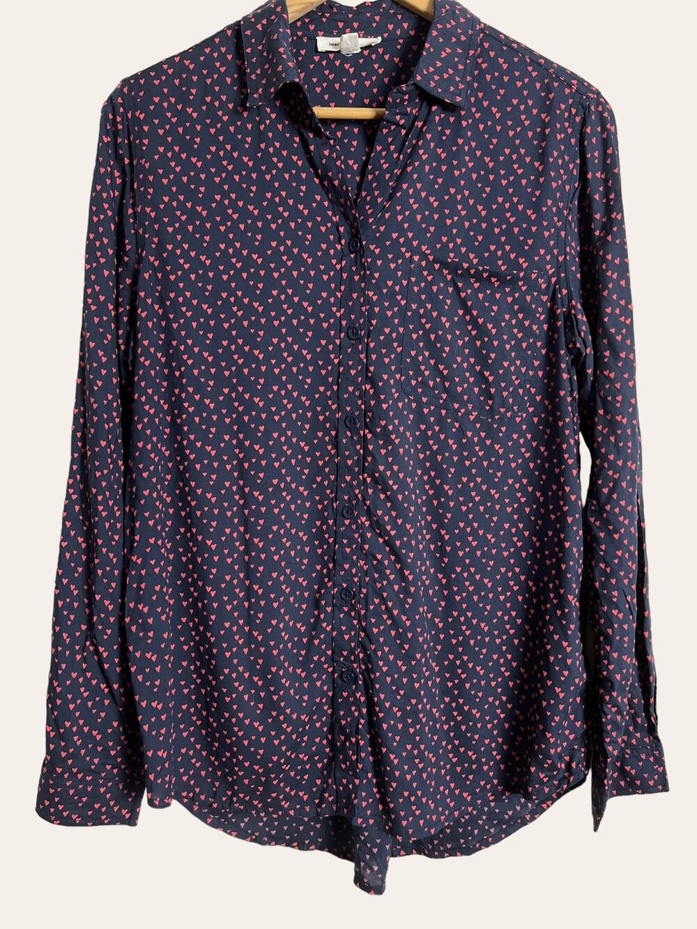 Beach Lunch Lounge Blue Red Heart Print Long Sleeve Viscose Button Up Top Size M